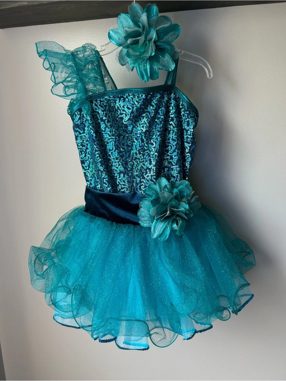 Girls Teal Sequin Tutu Dance Costume with Flower Accent